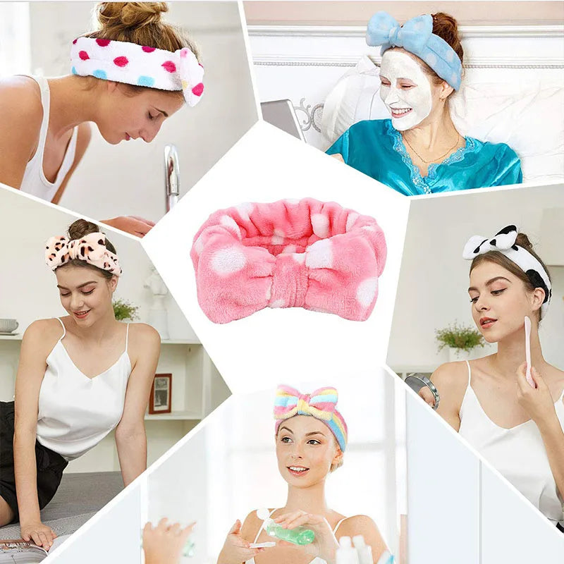 Cute Dot Striped Bow Coral Fleece Soft Headband For Women Girls Face Washing Makeup