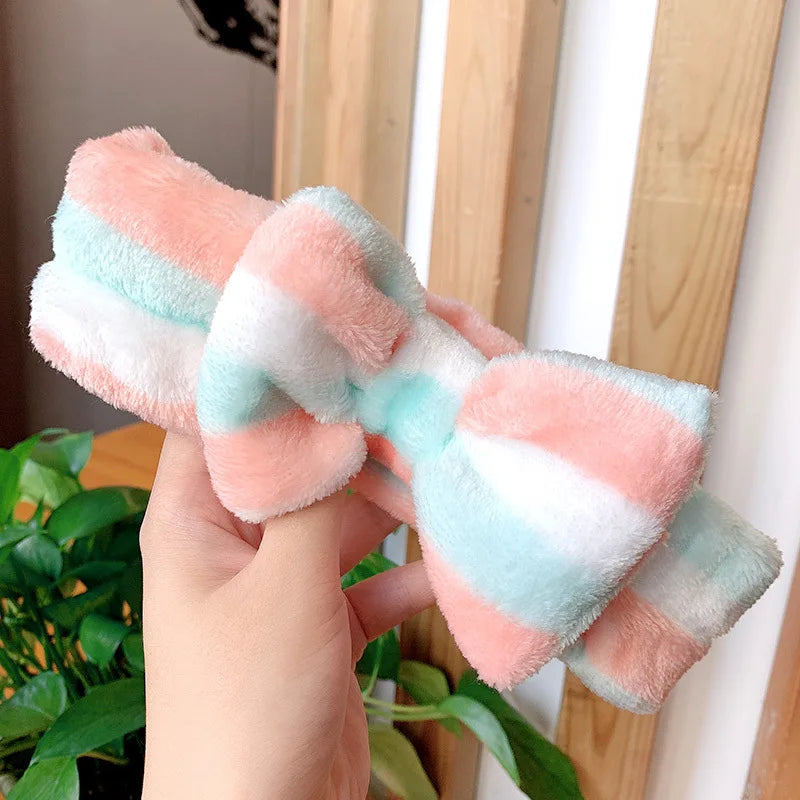Cute Dot Striped Bow Coral Fleece Soft Headband For Women Girls Face Washing Makeup