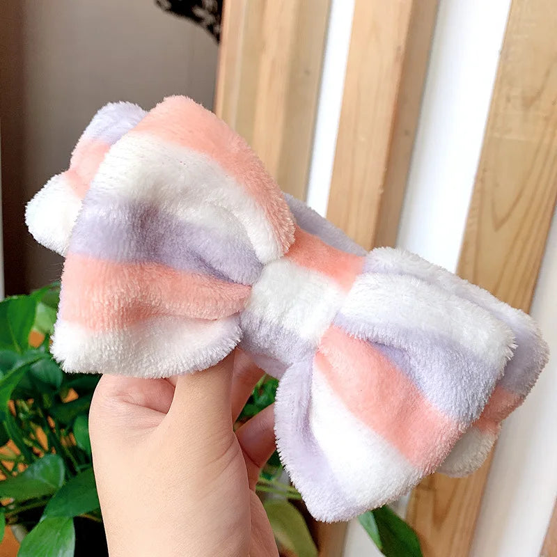 Cute Dot Striped Bow Coral Fleece Soft Headband For Women Girls Face Washing Makeup