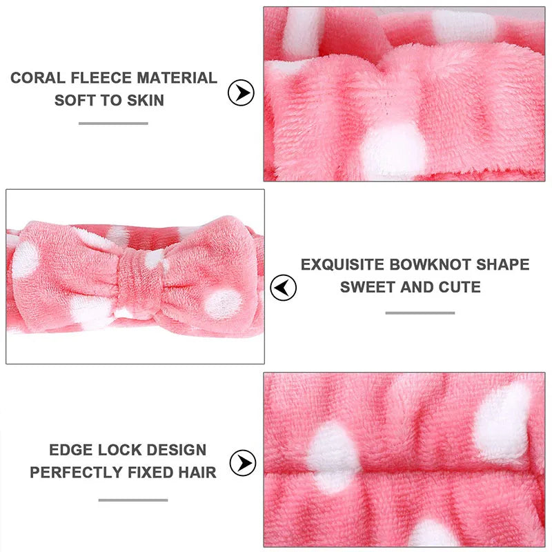Cute Dot Striped Bow Coral Fleece Soft Headband For Women Girls Face Washing Makeup
