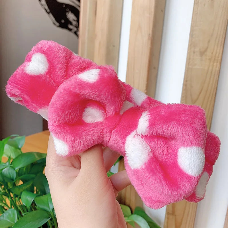 Cute Dot Striped Bow Coral Fleece Soft Headband For Women Girls Face Washing Makeup