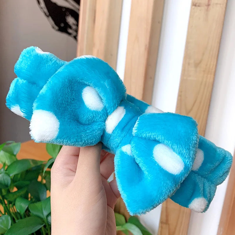 Cute Dot Striped Bow Coral Fleece Soft Headband For Women Girls Face Washing Makeup