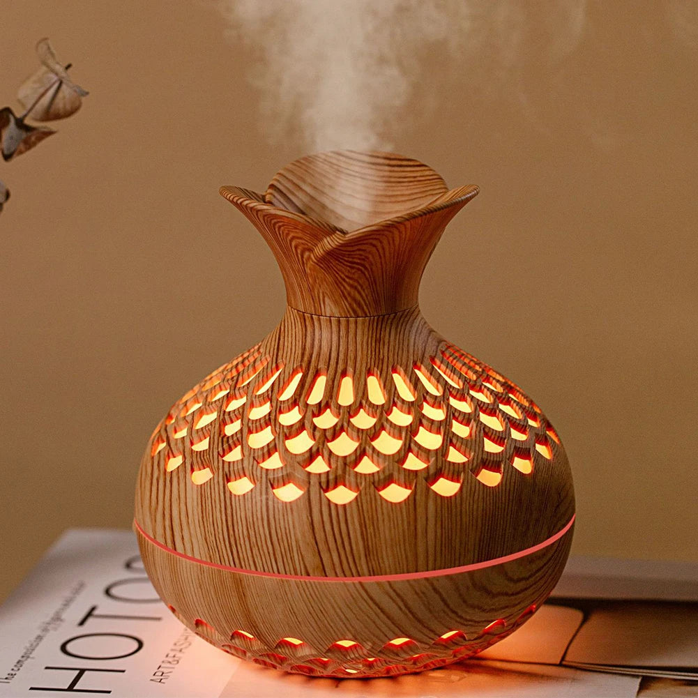 300ML Wood Grain Flower Humidifier Silent Aromatherapy Diffuser USB Rechargeable