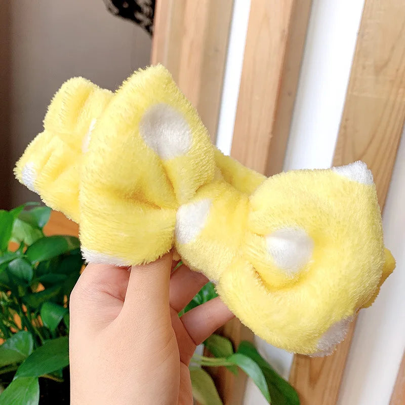 Cute Dot Striped Bow Coral Fleece Soft Headband For Women Girls Face Washing Makeup