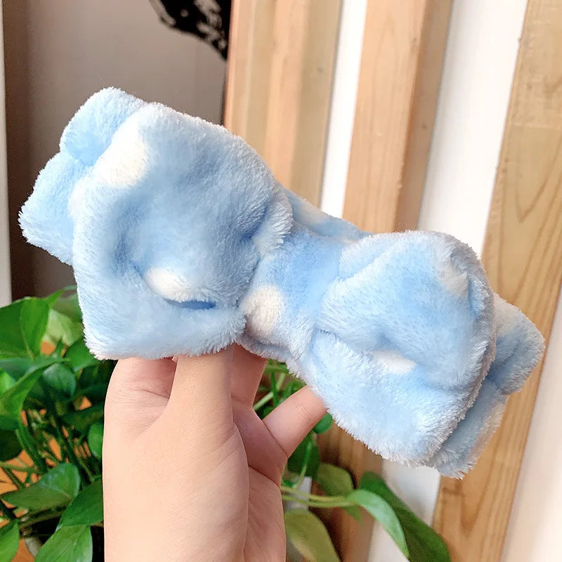 Cute Dot Striped Bow Coral Fleece Soft Headband For Women Girls Face Washing Makeup
