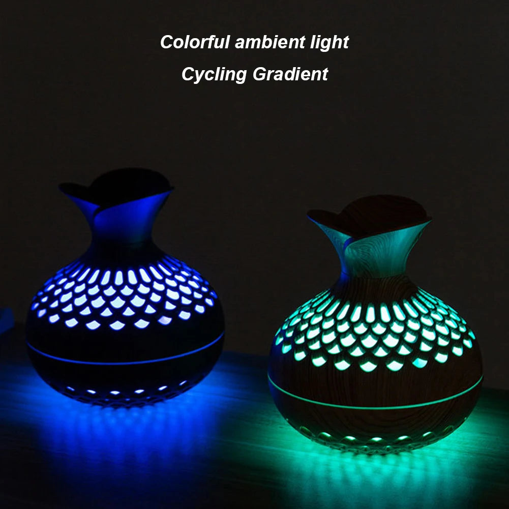 300ML Wood Grain Flower Humidifier Silent Aromatherapy Diffuser USB Rechargeable