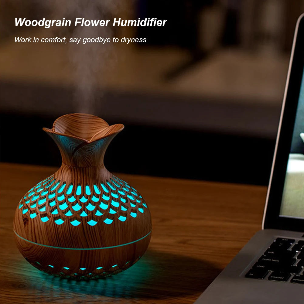 300ML Wood Grain Flower Humidifier Silent Aromatherapy Diffuser USB Rechargeable