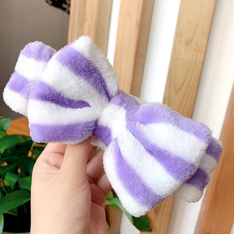 Cute Dot Striped Bow Coral Fleece Soft Headband For Women Girls Face Washing Makeup