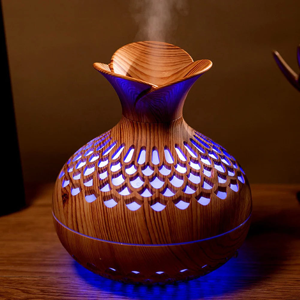 300ML Wood Grain Flower Humidifier Silent Aromatherapy Diffuser USB Rechargeable