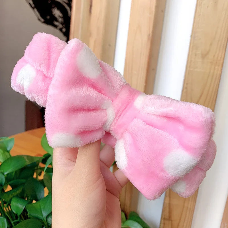 Cute Dot Striped Bow Coral Fleece Soft Headband For Women Girls Face Washing Makeup