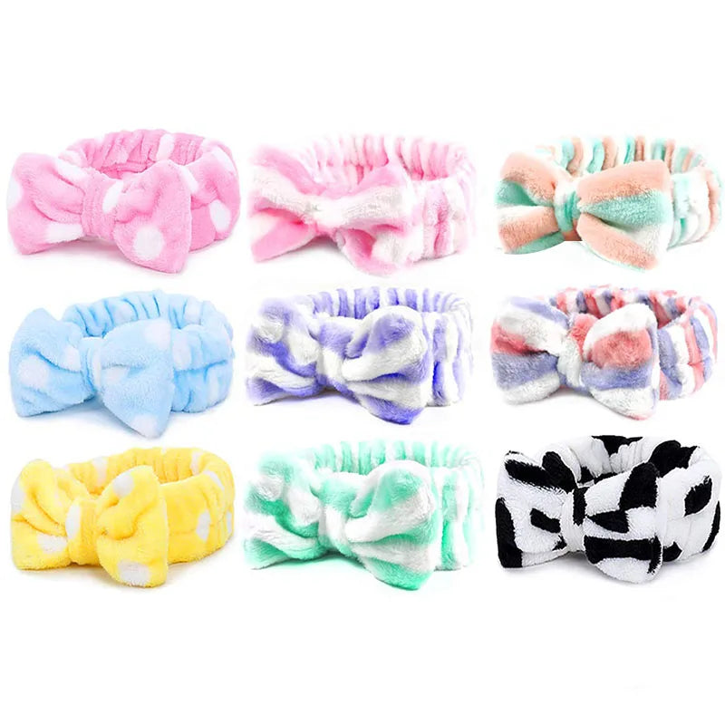 Cute Dot Striped Bow Coral Fleece Soft Headband For Women Girls Face Washing Makeup