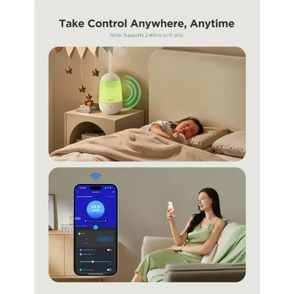 Smart Mini Humidifier for Baby Nursery, Top Fill Cool Mist Humidifier with Scent Diffuser & Nightlight, Built-in Sensor