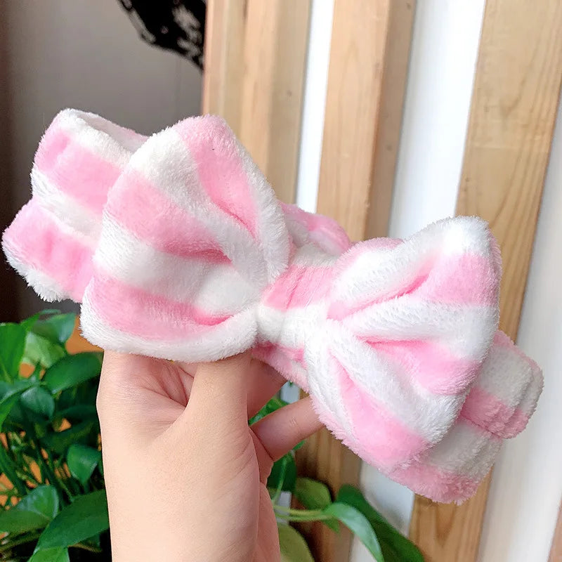 Cute Dot Striped Bow Coral Fleece Soft Headband For Women Girls Face Washing Makeup