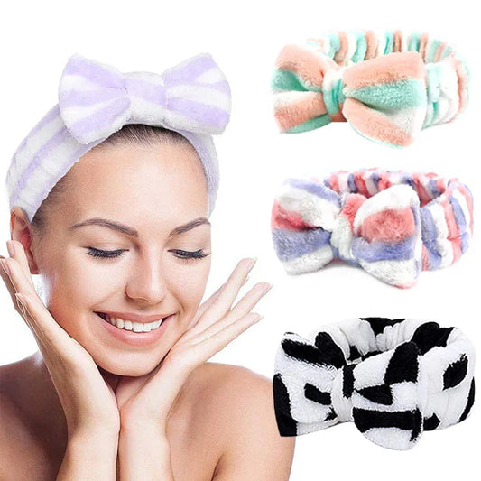 Cute Dot Striped Bow Coral Fleece Soft Headband For Women Girls Face Washing Makeup